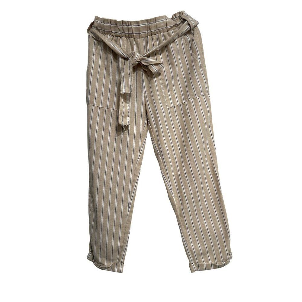 Ci Sono Women's L Pants Linen Collection Elastic Waist Striped Belted Comfy Boho